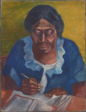 Pastel image of a black woman wearing a blue dress and writing in a notebook.