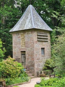A square tower shed at the corner of the walled gardens at Crathes castle