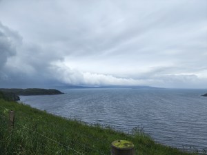 A moody loch with green grass on the left side and low clouds in the sky