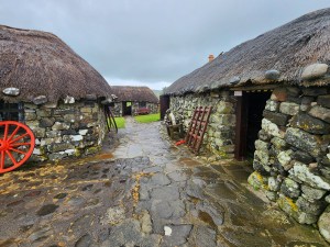 two thatched roof crofting buildings at the museum of Island Life on Isle of Skye
