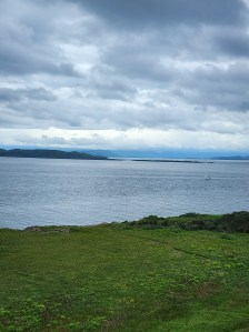 A view of the Sound of Mull, with grass in the foreground and clouds in the back