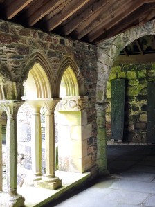 A view of the cloisters, with light coming through the arches on the left side of the photo