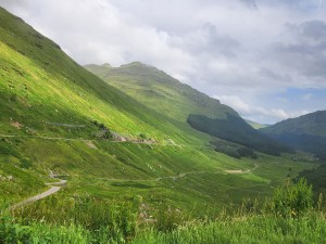 View of Glen Crowe, known as the Rest and Be Thankful viewpoint; basically a big valley with a road in it