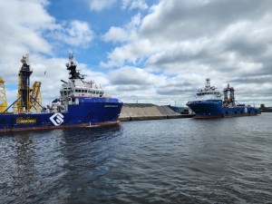 Two large ships docked in Leith harbor